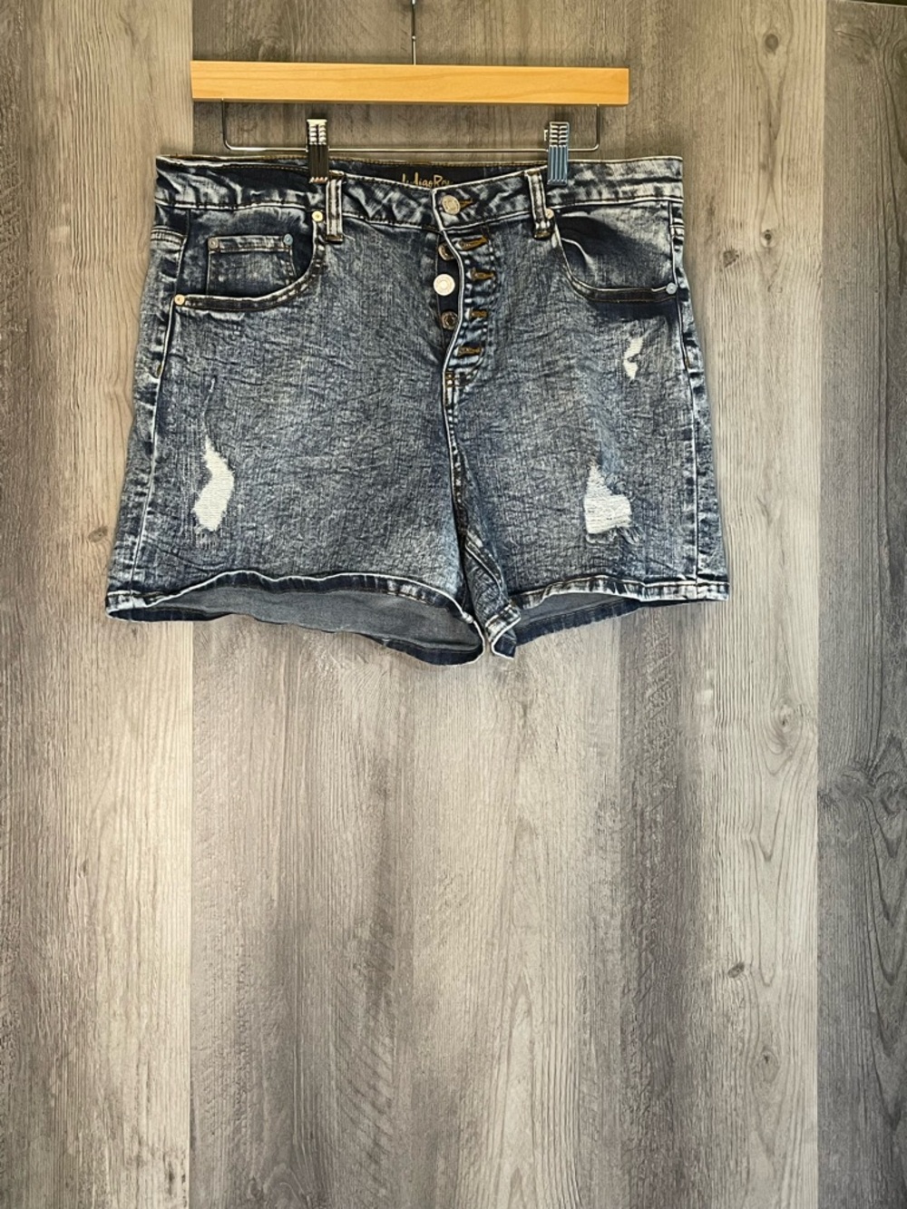 Indigo Rein Distressed High-Rise Washed Denim Shorts - Blue